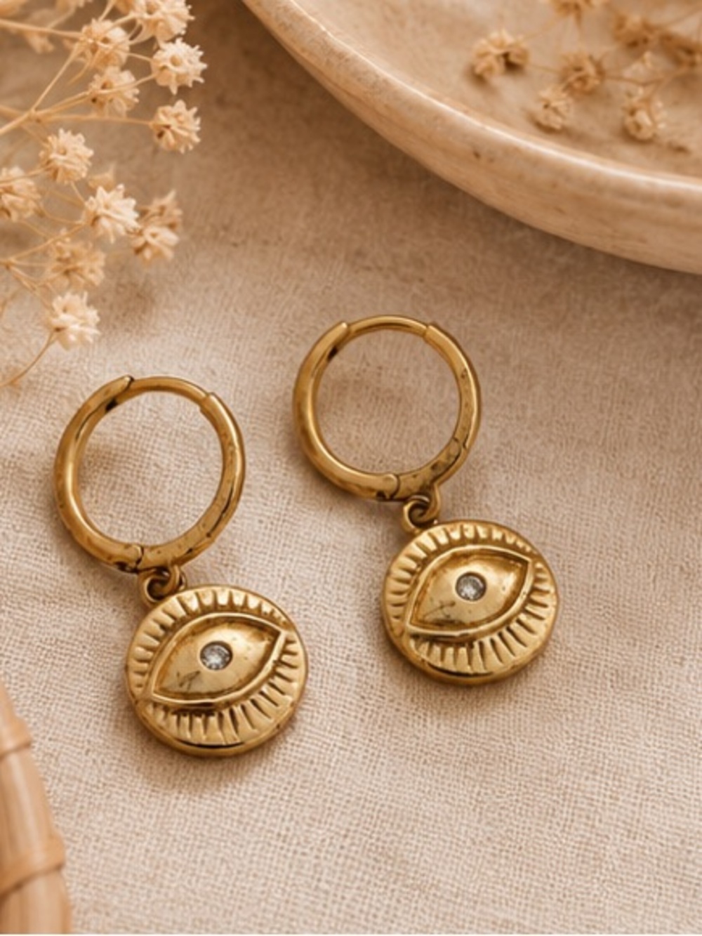 Gold Evil Eye Hoop Drop Earrings